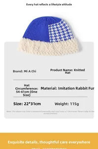 Blue knitted bucket hat detail with houndstooth pattern and plush white faux fur trim