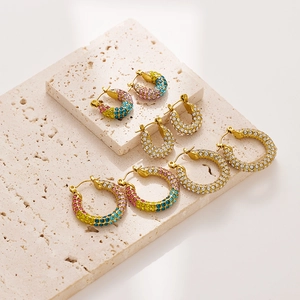 Gold Plated Stainless Steel Hoop Earrings Full Rainbow Rhinestone White Crystal Retro Luxury Jewelry For Women