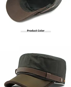 Close-up of cadet cap featuring grey fabric and brown leather strap with metal rivets