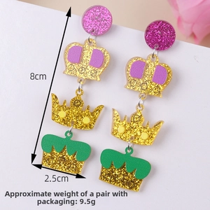 Detail of pink and gold glitter crown drop earrings measuring 8cm by 2.5cm