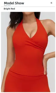 Detail of red V-neck halter yoga vest with high-elastic matte fabric for fitness