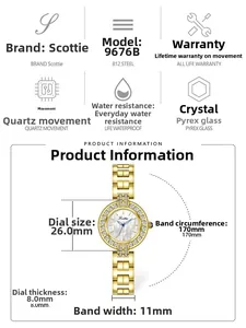 Spécifications détaillées de taille pour une montre à quartz dorée avec cadran nacre de 26mm