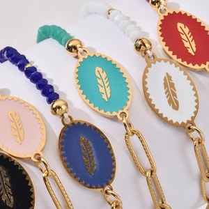 Set of six gold stainless steel bracelets with colorful enamel feather charms and beads
