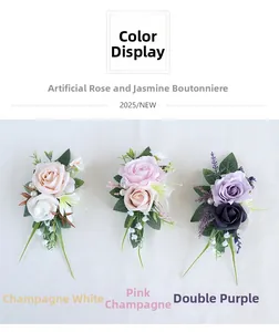 Tre varianti di bottoniera con rose e gelsomini artificiali per cerimonie nuziali
