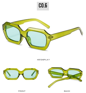 Affichage en trois vues de lunettes de soleil polygonales avec monture verte et verres bleus