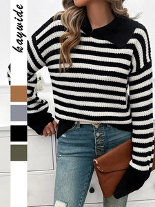 Gestreifter Strickpullover Für Damen Langarm Slim Fit Polo Kragen Acryl Pullover Lässige Kontrastfarbene Oberteile