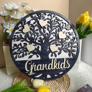 Customizable wooden grandkids tree plaque with laser-cut heart shapes and floral background