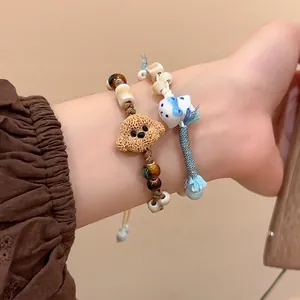 Charming ceramic cat and bear beaded bracelets with woven cords and tassels for women