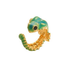 Gothic gold frog open ring with vibrant green gradient enamel and black bead eyes