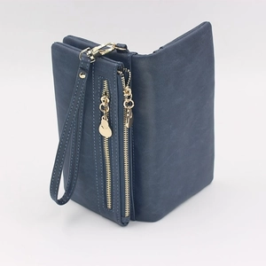 Retro deep blue frosted leather long wallet for women with wristlet and gold hardware