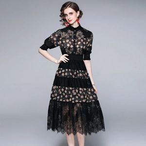 Elegant black lace midi dress with stand collar and button front in slim fit silhouette
