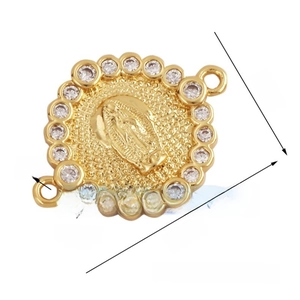 Detailed dimensions of gold-plated Virgin Mary connector with sparkling zircon stones