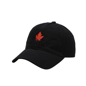 Black cotton baseball cap with red maple leaf embroidery shown from a 45-degree angle