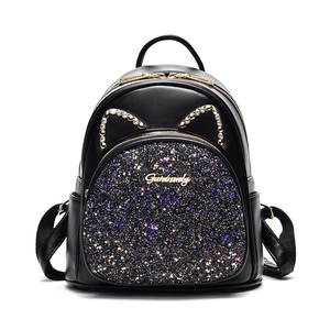Cute black PU leather backpack with sequin front pocket and rhinestone cat ear design