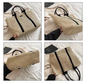 Detailed four-way views of a beige hollow-out woven straw tote bag with black straps