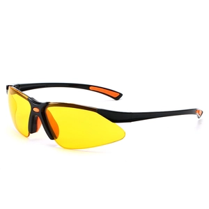 Cycling sunglasses with yellow lenses and black-orange frame shown from a 45-degree angle
