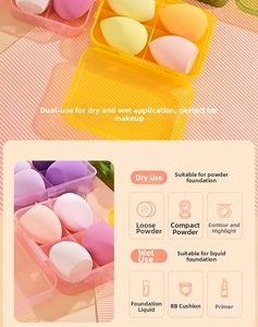 Detail of colorful makeup sponge set in storage box showing dry and wet usage guide