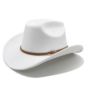 Classic white wide brim jazz fedora with a brown braided leather band and side tassel detail