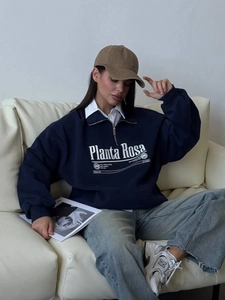 Navy blue oversized half-zip sweatshirt with white letter print for casual street style