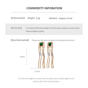 Detailed size specifications for square green zircon fringe earrings with silver needle