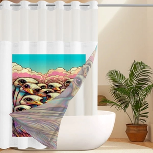 Detail of waterproof bathroom shower curtain with colorful ostrich print and metal rings