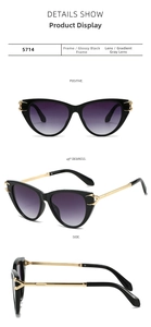 Detailed views of black cat-eye sunglasses with gradient lenses and gold metal temples
