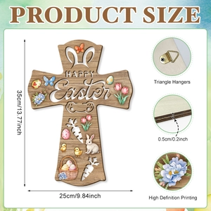 Easter wooden cross wall decor with rabbit carrot egg patterns and metal hook details