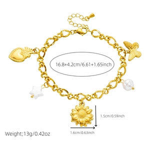 Gold-plated stainless steel chain bracelet with heart, star, and sunflower charms