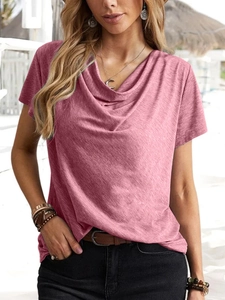 T-shirt da donna a maniche corte con elegante scollo a cappuccio in cotone rosa melange