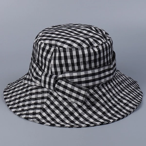Plaid sun hat for women featuring a bow tie and stylish wide brim for sun protection