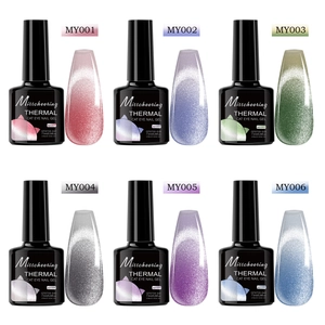 Thermal cat eye nail gel set showing six shimmering color-changing shades with 7.5ml bottles