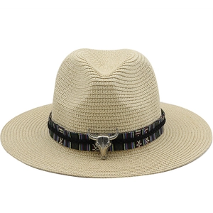 Wide Brim Straw Fedora Hat With Metal Bull Skull Ethnic Ribbon Vintage Western Cowboy Sun Protection Summer Accessory