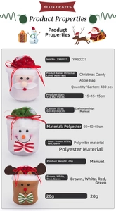 Detail specifications of Santa and snowman polyester gift bags with 15x15x15cm size