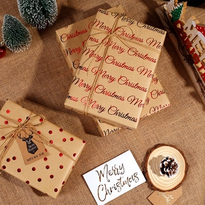 Premium Christmas brown kraft wrapping paper with red Merry Christmas gold foil lettering