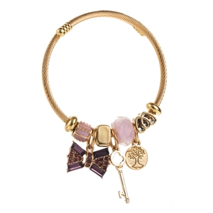 Bracelet doré torsadé avec nœud en cristal violet, clé et breloques arbre de vie