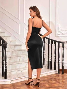 Sexy black backless satin maxi dress with side slit and slim fit for evening parties
