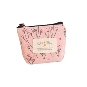 Pink canvas coin purse with floral pattern and lifestyle woven label for women