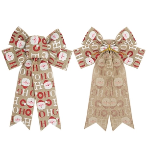 Faux linen Christmas bows with Santa motifs and HO HO HO glitter text for tree decor