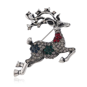 Élégante broche de renne de Noël avec strass colorés en finition argentée vintage