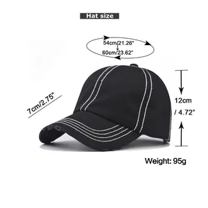 Detailed size chart for washed cotton baseball cap with measurements in cm and inches