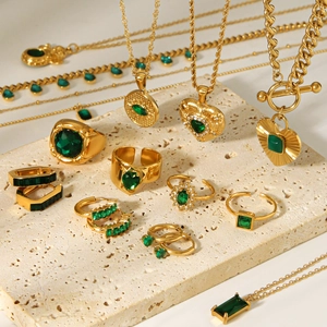 Green Zircon Jewelry Set For Women Stainless Steel Heart Water Drop Earrings Necklace Open Rings Vintage Ins Style
