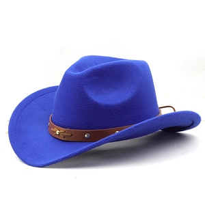 Royal blue wool felt western cowboy hat featuring a dark brown leather band with studs