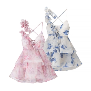 Bloemen organza mini-jurk met ruches aan de zoom en 3D-bloembandjes voor dames