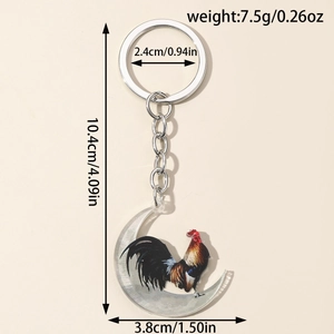Colorful acrylic chicken and moon keychain pendant with silver metal ring and dimensions