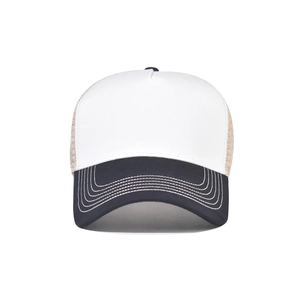 Detail showing breathable mesh back and contrast stitching on white trucker hat