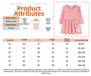 Detailed size chart for girls animal embroidery dress with measurements and fabric features