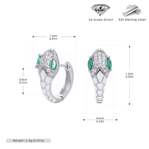 Detailed size specifications for S925 sterling silver snake earrings with 5A zircons