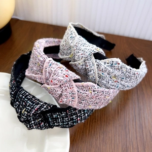 Tweed Fabric Headband Knot Design Wide High Top Fashion French Vintage Hair Accessories For Women