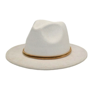 Detail view of a light gray wool fedora hat with a flat brim and a slim gold metal band