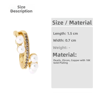 Detail of 18K gold plated copper ear cuff with pearls and cubic zirconia stones